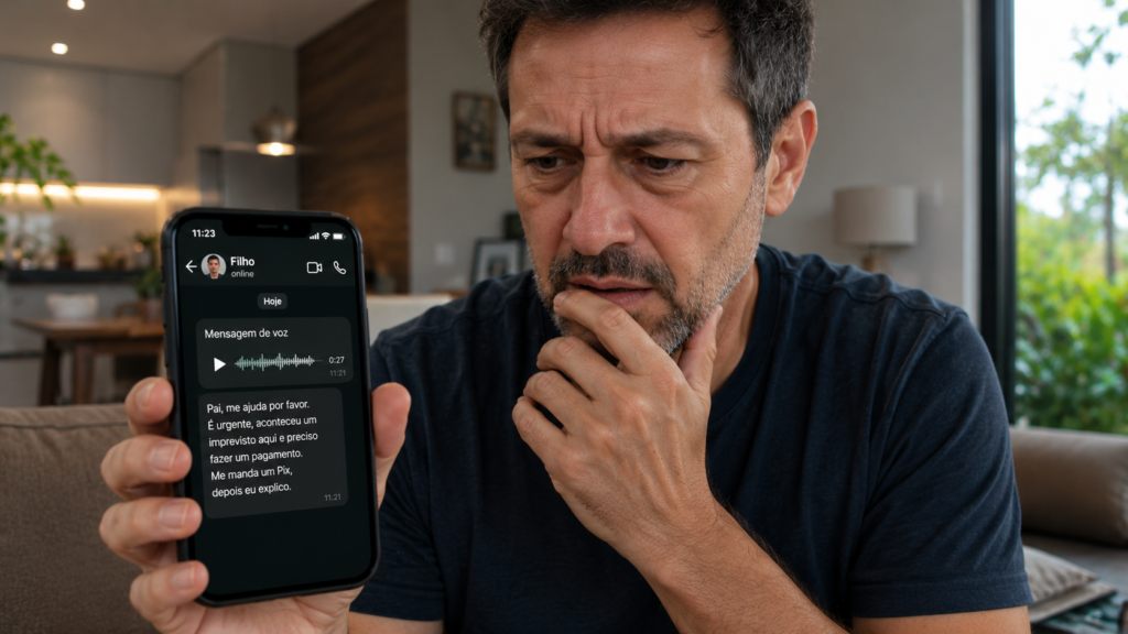 Golpe de voz clonada usa inteligência artificial para imitar familiares e pedir Pix urgente. Veja como identificar e evitar a fraude.