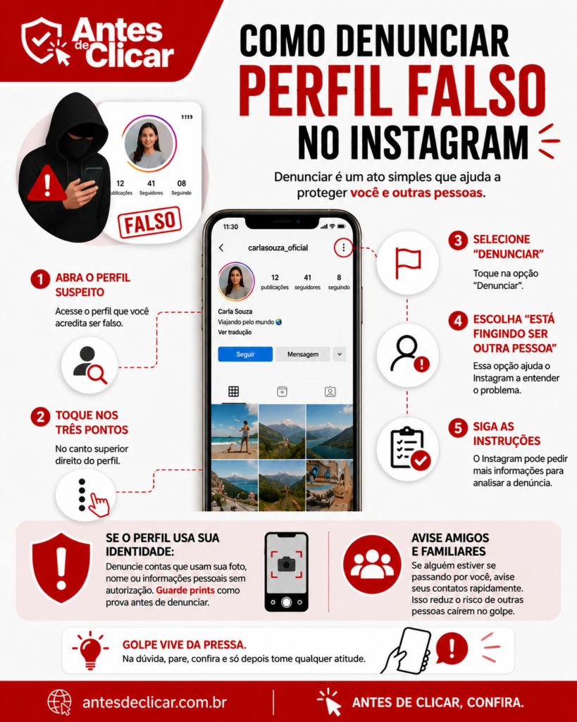 Infográfico como denunciar perfil falso no Instagram e proteger seus dados
