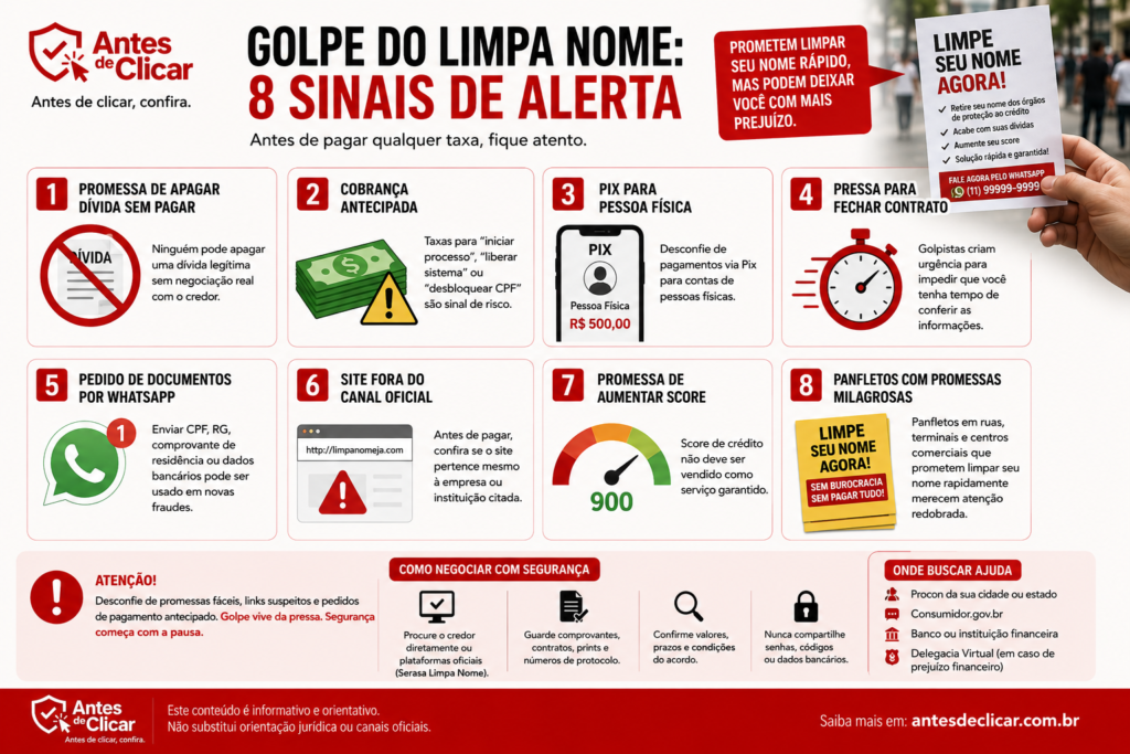 Golpe do limpa nome promete retirar dívidas rapidamente, mas pode gerar prejuízo maior. Veja 8 sinais de alerta antes de pagar.