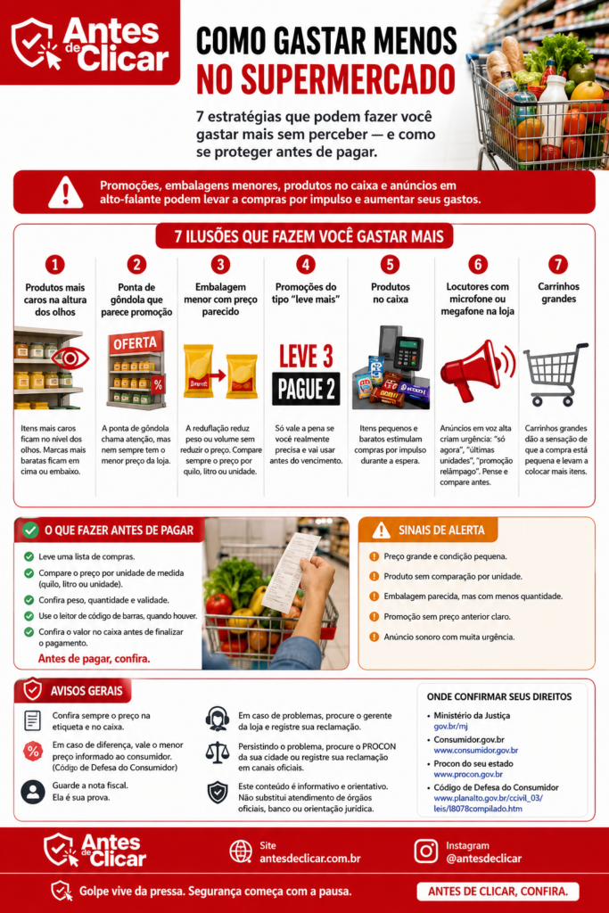 Infográfico Como gastar menos no supermercado: veja 7 estratégias para evitar compras por impulso, comparar preços e não pagar mais sem perceber.