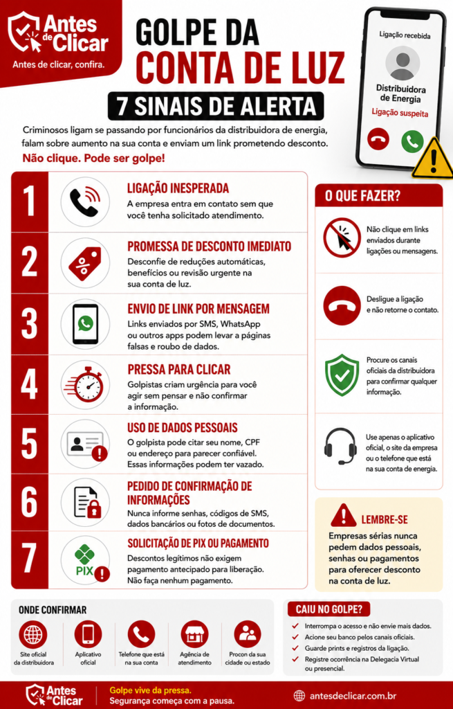 Golpe da conta de luz usa falsas ligações e links para prometer desconto na energia. Veja 7 sinais de alerta para não cair na fraude.