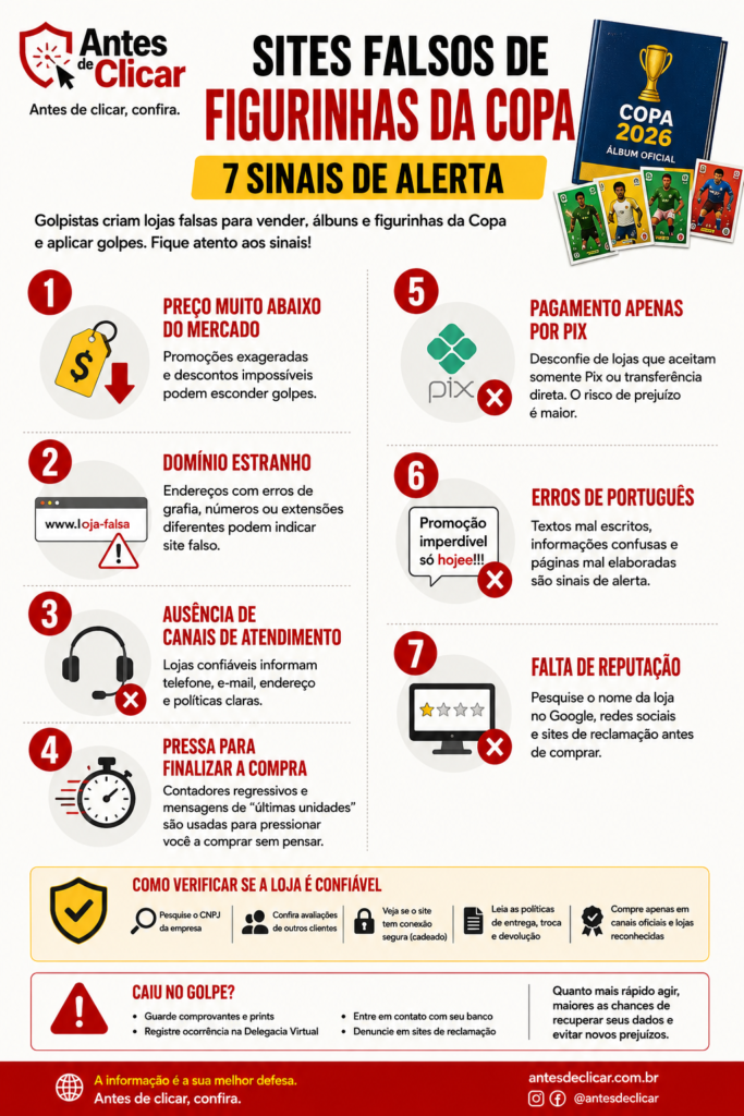 Infográfico Sites falsos de figurinhas da Copa prometem descontos e produtos oficiais, mas podem causar prejuízo.