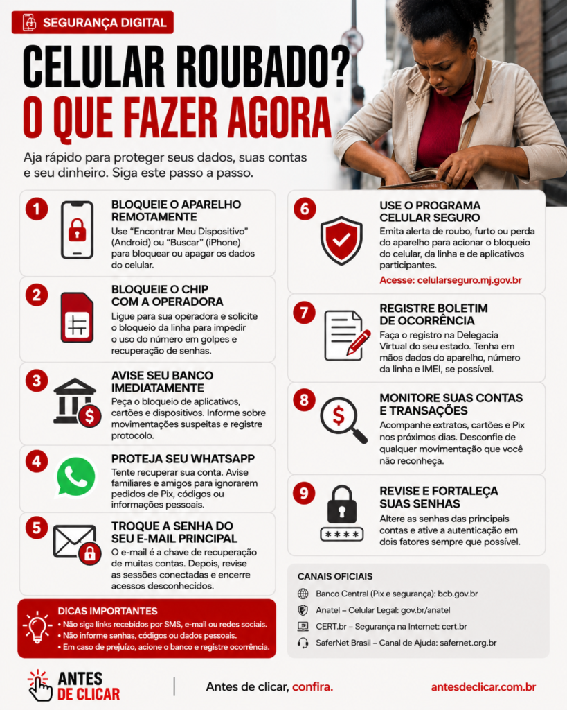 infográfico Celular roubado exige ação rápida.