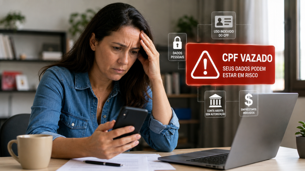CPF vazado: mulher verifica celular e notebook após suspeita de uso indevido de dados pessoais e fraude financeira