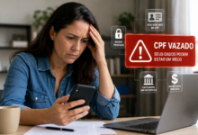 CPF vazado: mulher verifica celular e notebook após suspeita de uso indevido de dados pessoais e fraude financeira