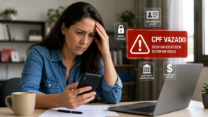 CPF vazado: mulher verifica celular e notebook após suspeita de uso indevido de dados pessoais e fraude financeira