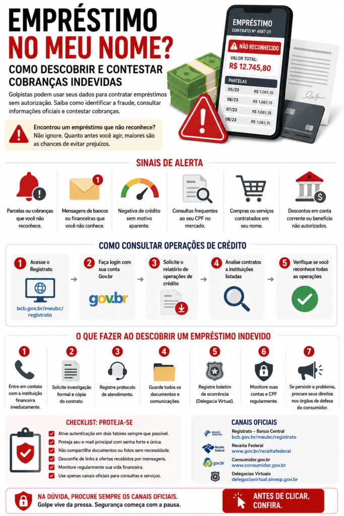 Infográfico: empréstimo no meu nome — guia visual mostra como identificar fraudes, consultar operações de crédito no Registrato, contestar cobranças indevidas e proteger o CPF contra golpes financeiros.