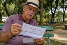 Golpe do consignado: aposentado analisa extrato e documentos em parque após identificar possível desconto indevido em benefício previdenciário.