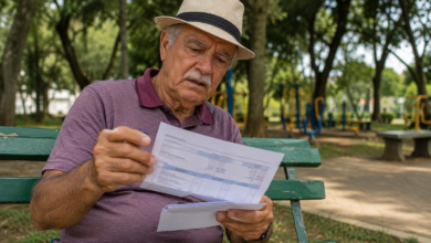 Golpe do consignado: aposentado analisa extrato e documentos em parque após identificar possível desconto indevido em benefício previdenciário.