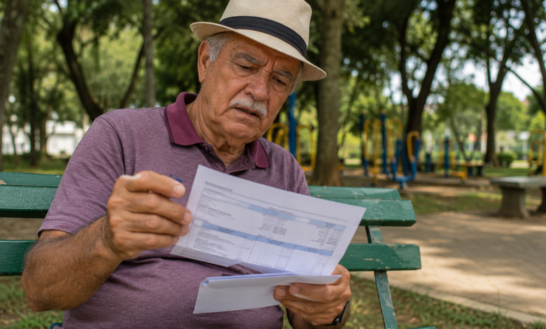 Golpe do consignado: aposentado analisa extrato e documentos em parque após identificar possível desconto indevido em benefício previdenciário.