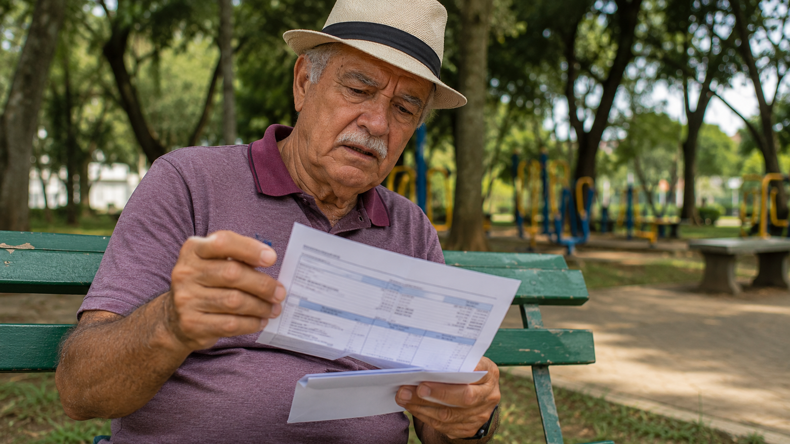 Golpe do consignado: aposentado analisa extrato e documentos em parque após identificar possível desconto indevido em benefício previdenciário.