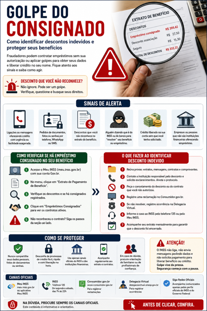Infográfico: golpe do consignado — guia visual mostra como identificar descontos indevidos, consultar empréstimos no Meu INSS e proteger benefícios contra fraudes financeiras