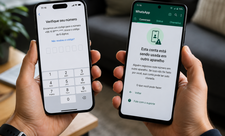 WhatsApp clonado: usuário segura dois celulares enquanto recebe alerta de conta registrada em outro aparelho e tenta recuperar o acesso pelo código de verificação.