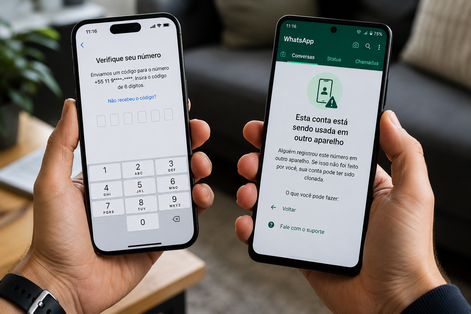 WhatsApp clonado: usuário segura dois celulares enquanto recebe alerta de conta registrada em outro aparelho e tenta recuperar o acesso pelo código de verificação.