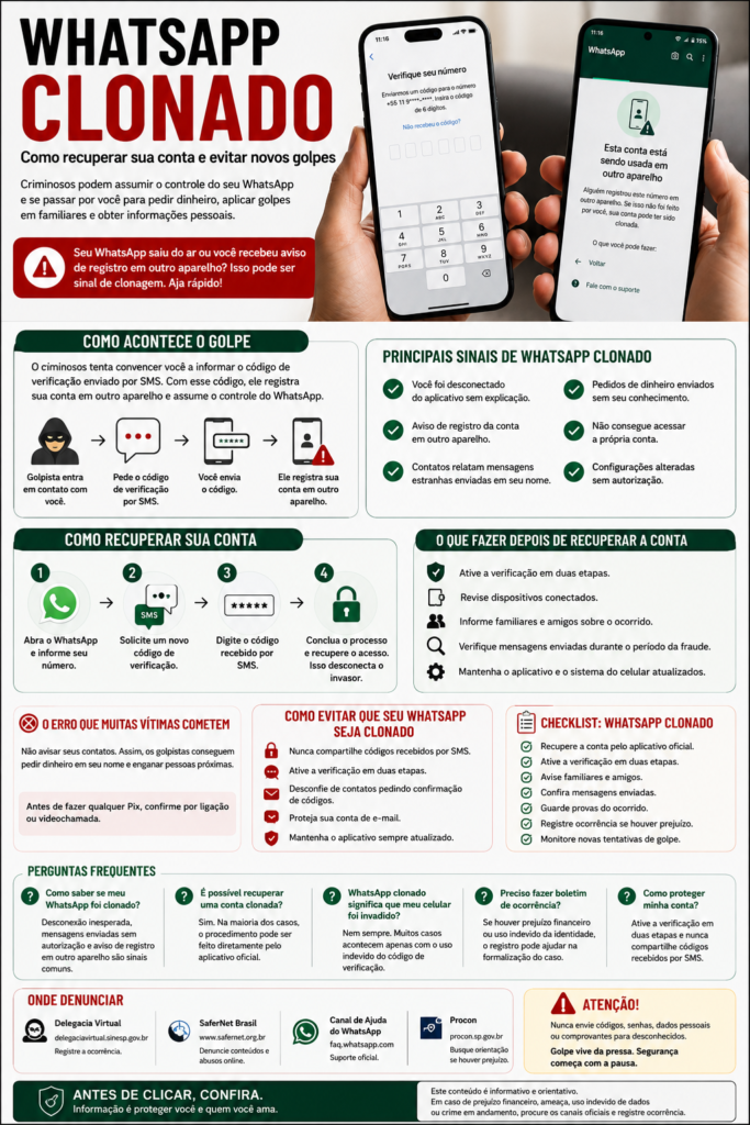 Infográfico: WhatsApp clonado — guia visual mostra como recuperar a conta, identificar sinais de clonagem, ativar verificação em duas etapas e evitar novos golpes.