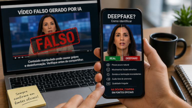 Deepfake: celular mostra comparação entre vídeo real e vídeo falso gerado por IA, com alerta para verificar fontes oficiais antes de compartilhar.