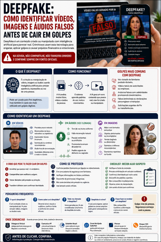 Infográfico: deepfake — guia visual explica como identificar vídeos, imagens e áudios falsos criados por inteligência artificial e evitar golpes digitais.