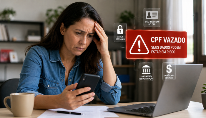 CPF vazado: mulher verifica celular e notebook após suspeita de uso indevido de dados pessoais e fraude financeira