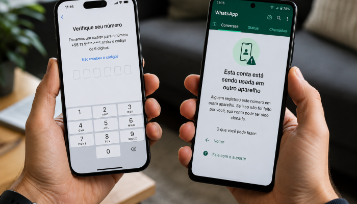 WhatsApp clonado: usuário segura dois celulares enquanto recebe alerta de conta registrada em outro aparelho e tenta recuperar o acesso pelo código de verificação.